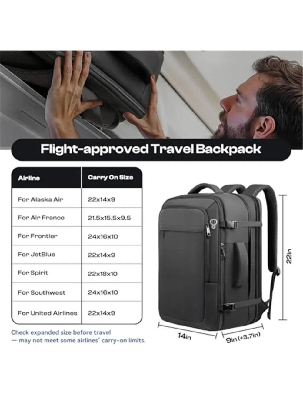 Expandable Travel Backpack Carry On TSA Approved 50L Laptop Luggage Bag Black